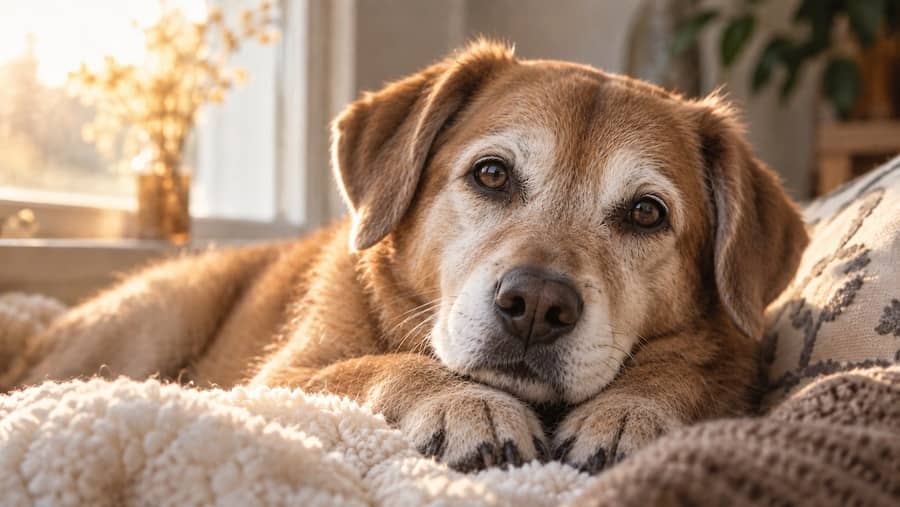 Senior tan dog with a greying muzzle resting on a blanket by a sunlit window
