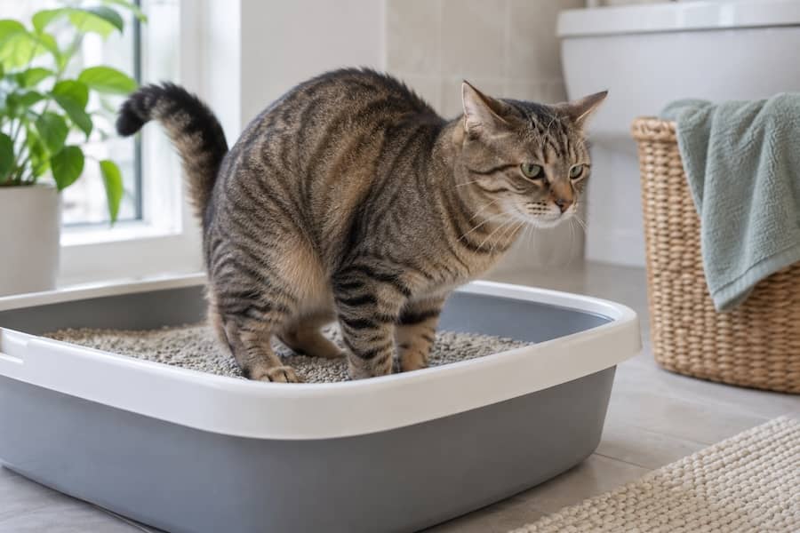 Brown tabby cat crouched in an open grey litter box with its back arched and tail raised, the hunched posture cats show when straining