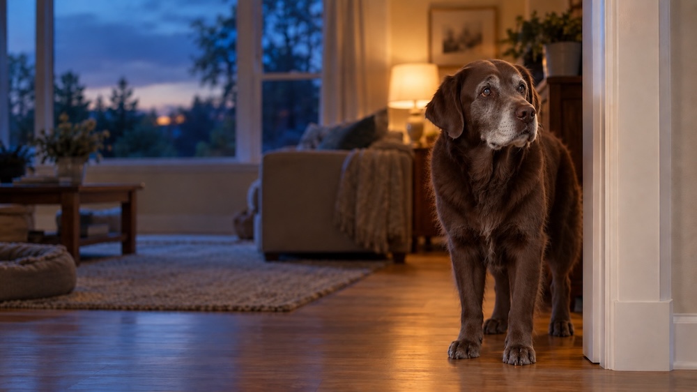 Senior dog standing awake in a dim hallway at night