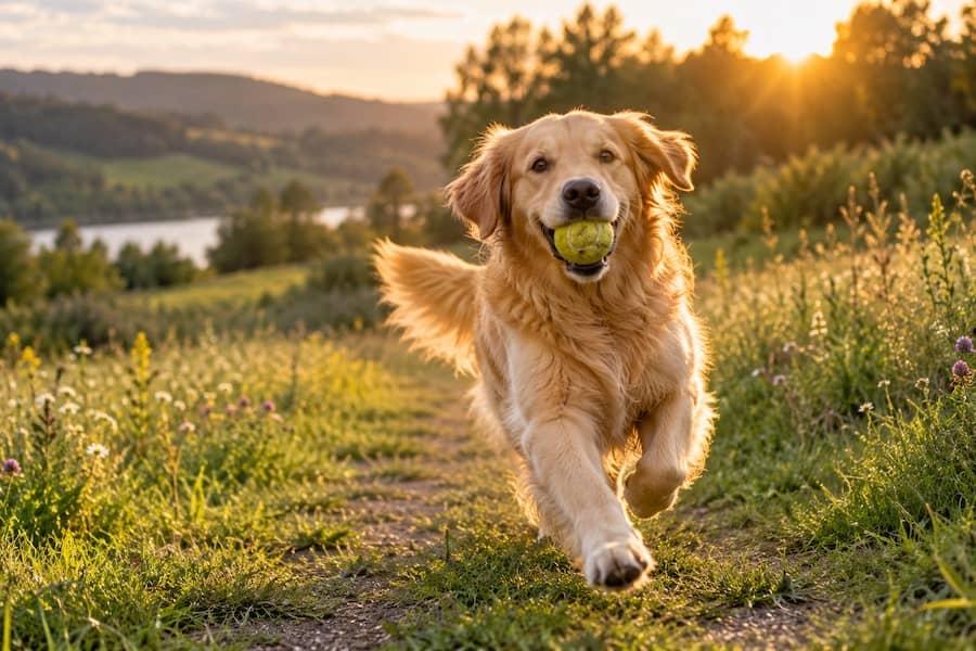 Golden retriever running through a field with a tennis ball on a summer evening